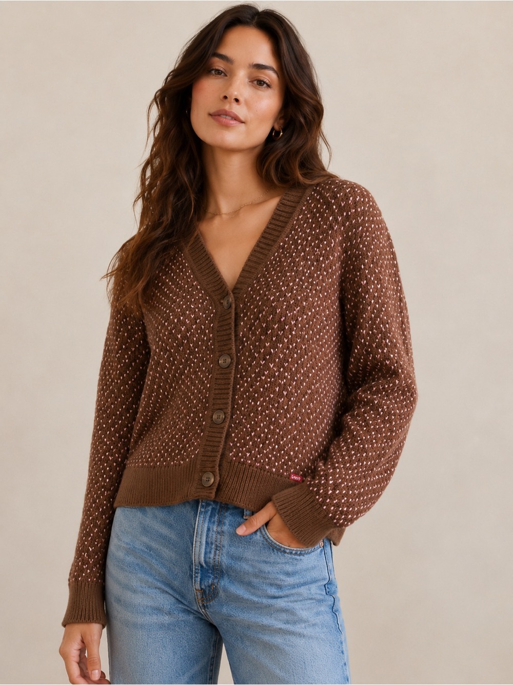 Levi's Snowflake Cardigan Sweater | Brown Pink Speckled Knit | 100% Cotton | Med